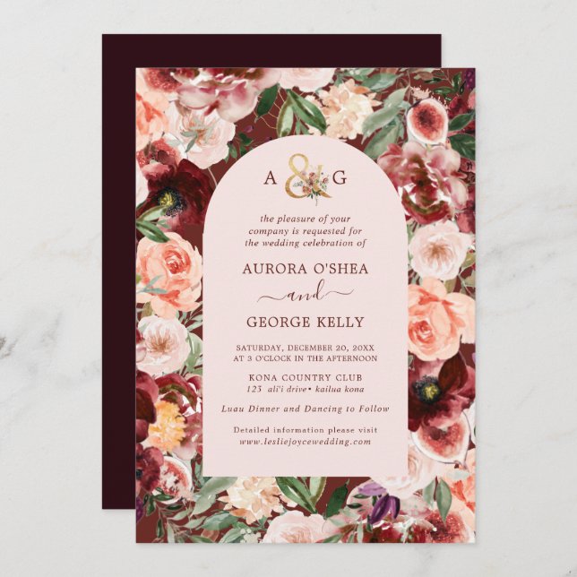 PixDezines Autumn Love H2 Marsala Red Flowers Invitation (Front/Back)