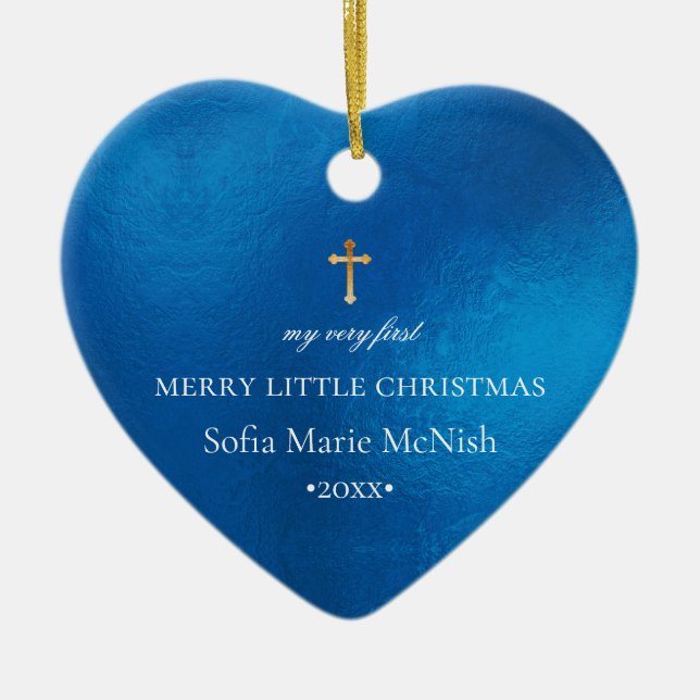 PixDezines Baby's 1st Christmas Photo, Azure Blue Ceramic Ornament (Front)