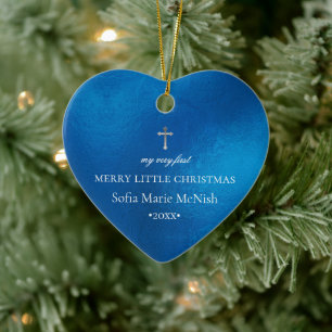 PixDezines Baby's 1st Christmas Photo, Azure Blue Ceramic Ornament