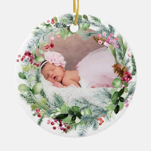 PixDezines Babys First Christmas Winter Wreath Ceramic Ornament