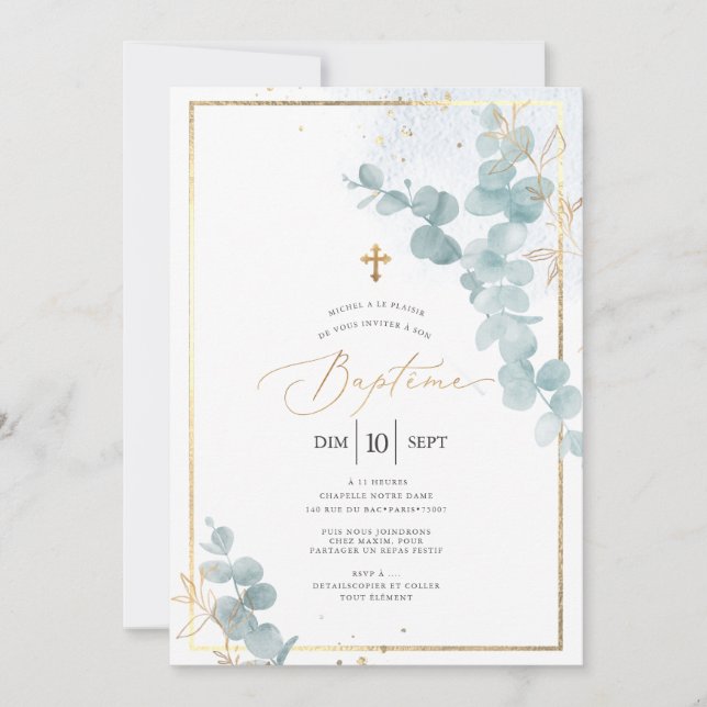 PixDezines Baptême d'Eucalyptus Rustique Aquarelle Invitation (Front)