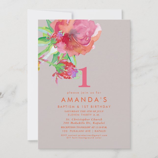PixDezines Baptism+ 1stBirthday Watercolor Flowers Invitation (Front)