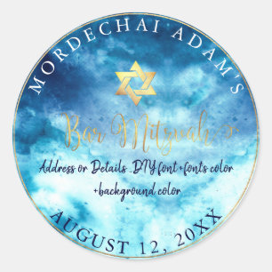 PixDezines Bar Mitzvah Aqua Blue Watercolor Classic Round Sticker