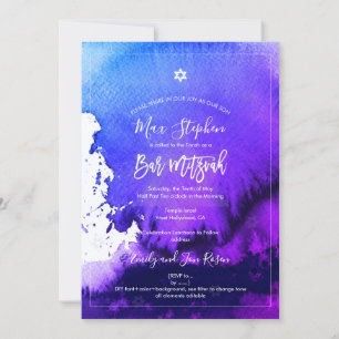 PixDezines Bar Mitzvah Electric Purple Watercolor Invitation
