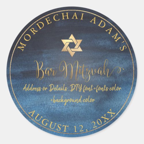 PixDezines Bar Mitzvah Navy Blue Watercolor Classic Round Sticker