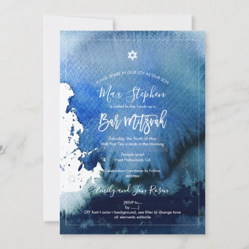 PixDezines Bar Mitzvah Navy Blue Watercolor Invitation