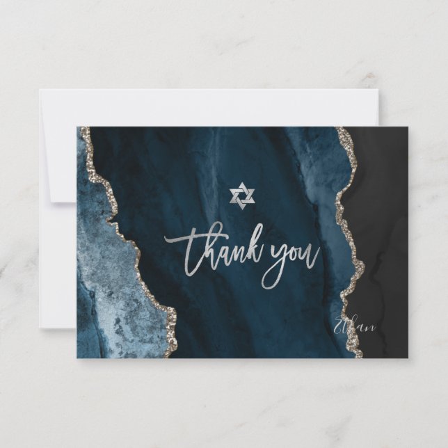 PixDezines Bar Mitzvah Slate Blue Silver Agate  Thank You Card (Front)
