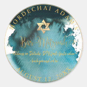 PixDezines Bar Mitzvah Teal Green Watercolor Classic Round Sticker