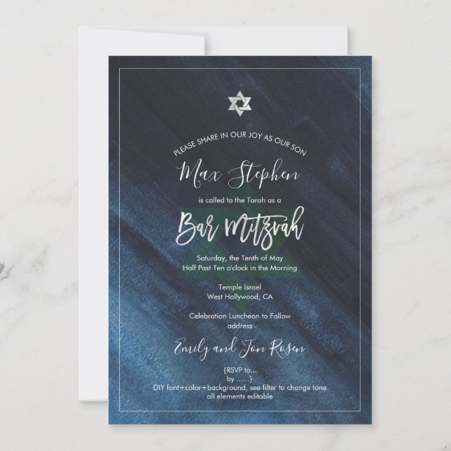 PixDezines Bar Mitzvah |Thunder Blue Watercolor Invitation (Back)