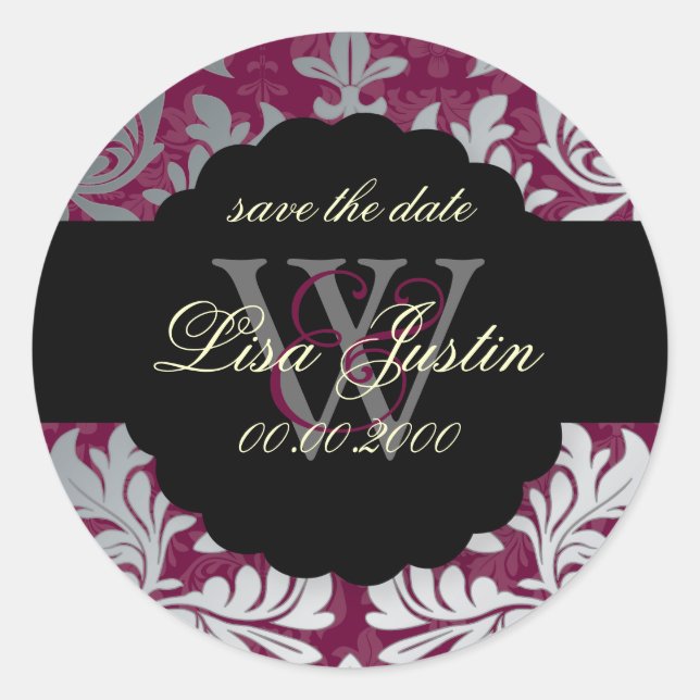PixDezines Baroque Damask/Faux Silver+Burgundy Classic Round Sticker (Front)