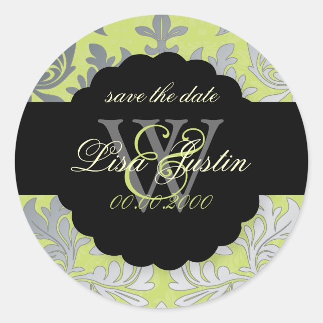 PixDezines Baroque Damask/Faux Silver+Green Classic Round Sticker (Front)