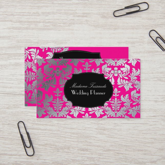 PixDezines baroque damask faux silver/hot pink Business Card (Front/Back In Situ)