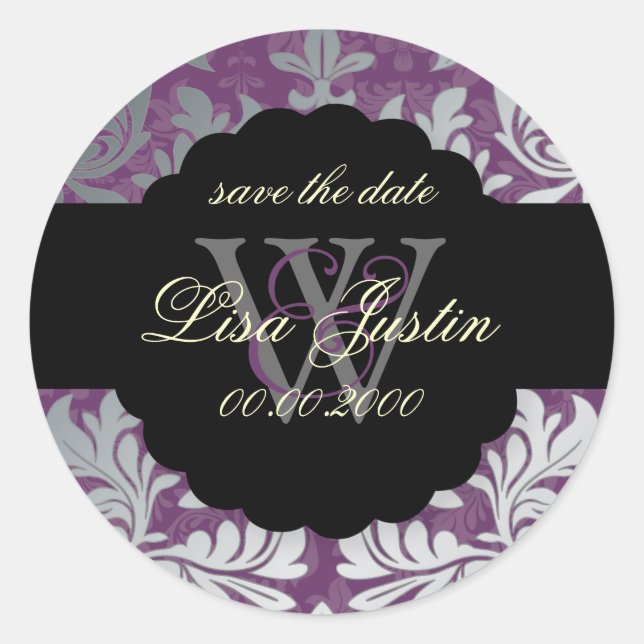 PixDezines Baroque Damask/Faux Silver+Purple/Lilac Classic Round Sticker (Front)