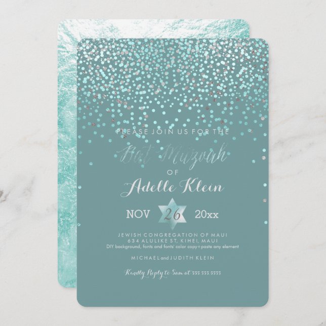 PixDezines Bat Mitzvah/Blue Confetti Invitation (Front/Back)
