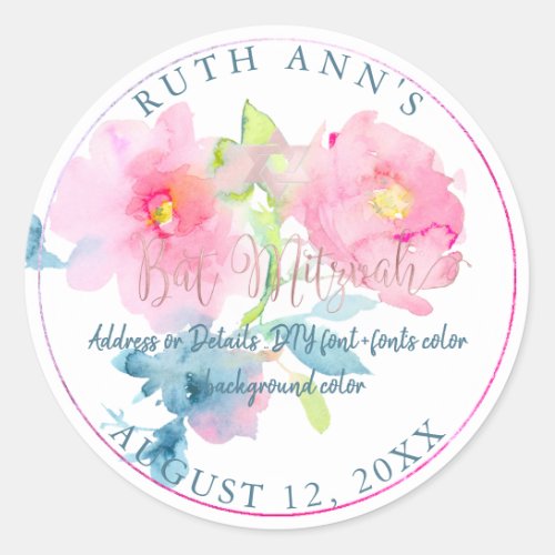 PixDezines Bat Mitzvah Floral Watercolor Classic Round Sticker