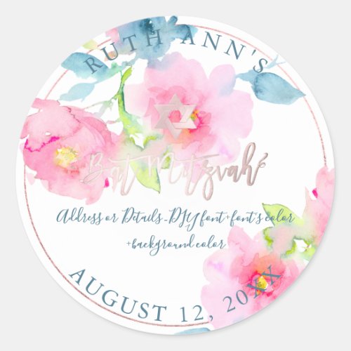 PixDezines Bat Mitzvah Floral Watercolor Classic Round Sticker