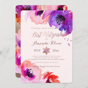 PixDezines ✡ Bat Mitzvah/Floral Watercolor Invitation