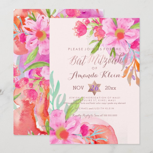 PixDezines ✡ Bat Mitzvah/Floral Watercolor Invitation (Front/Back)