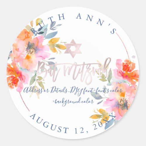 PixDezines Bat Mitzvah Floral Watercolor Ombre Classic Round Sticker