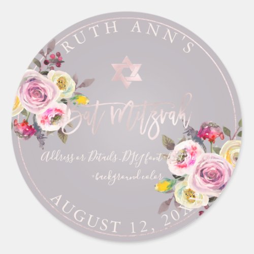 PixDezines Bat Mitzvah Pastel Floral Watercolor Classic Round Sticker