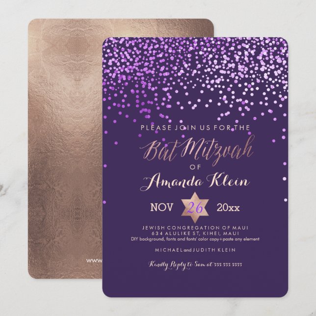 PixDezines Bat Mitzvah/Pink/Rose Gold/Confetti Invitation (Front/Back)