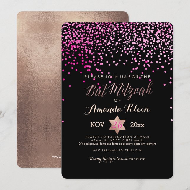 PixDezines Bat Mitzvah/Pink/Rose Gold/Confetti Invitation (Front/Back)