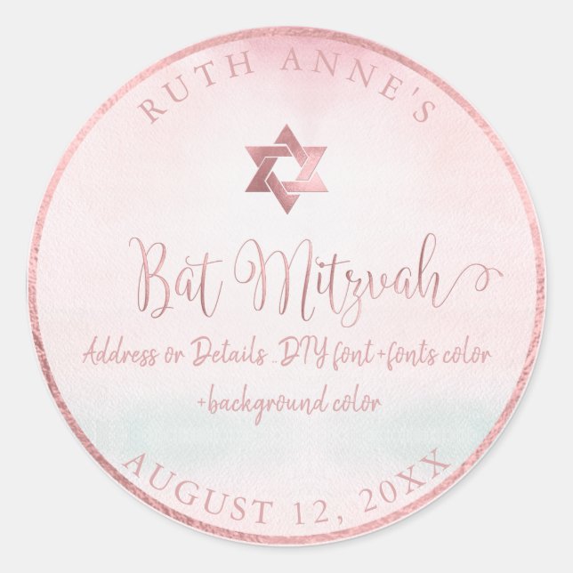 PixDezines Bat Mitzvah Pink Watercolor Classic Round Sticker (Front)