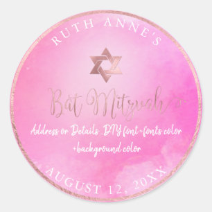 PixDezines Bat Mitzvah Pink Watercolor Classic Round Sticker