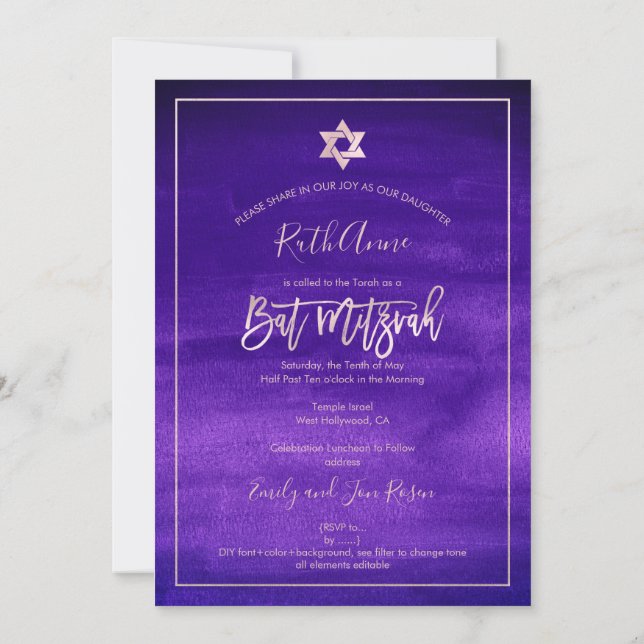 PixDezines Bat Mitzvah |Purple Watercolor Invitation (Back)