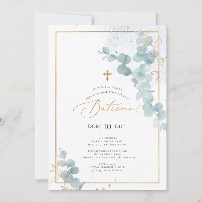 PixDezines Batismo de eucalipto rústico em aquarel Invitation (Front)