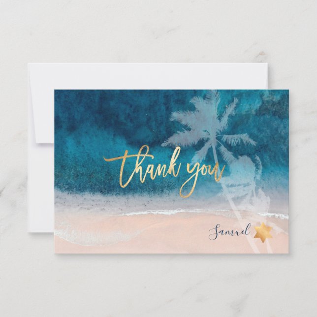 PixDezines Beach Palm Trees Bar Mitzvah Thank You Invitation (Front)