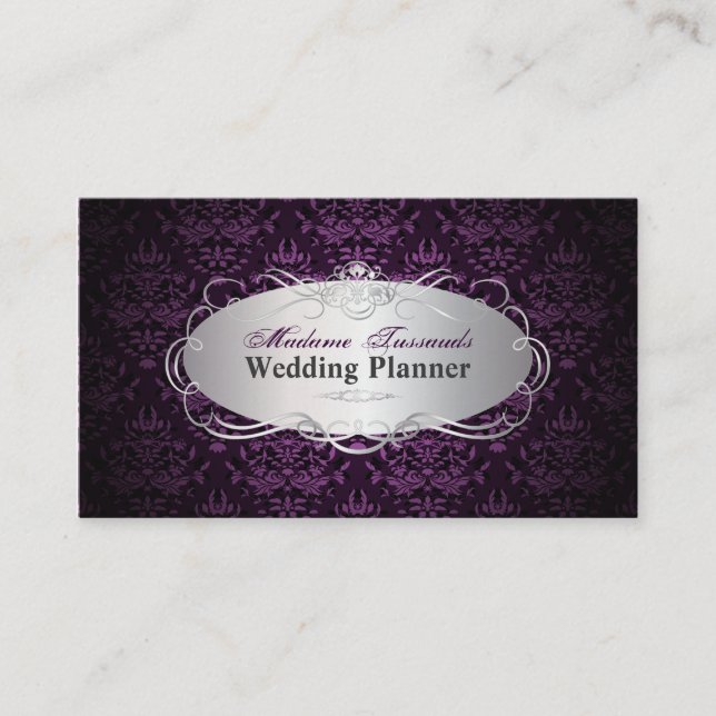 PixDezines bijoux damask faux silver/plum Business Card (Front)