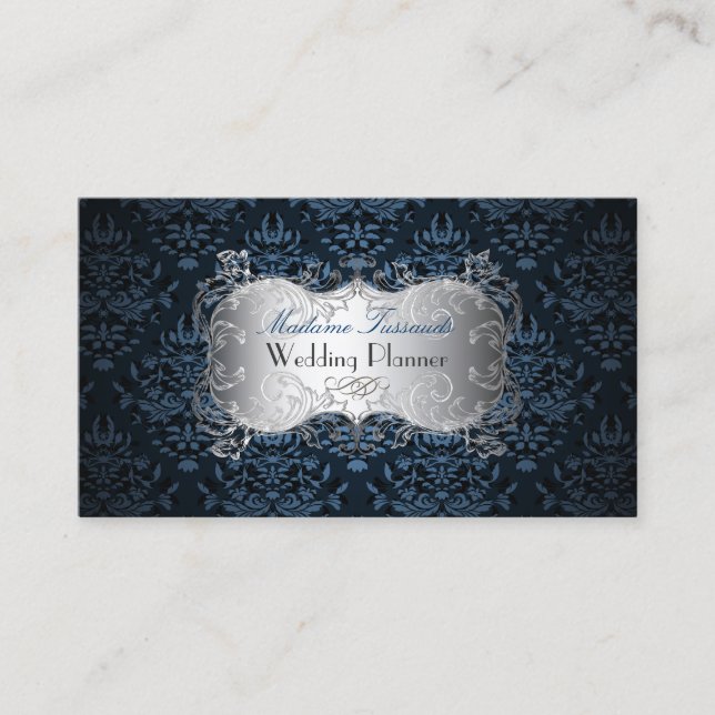 PixDezines bijoux damask faux silver/slate blue Business Card (Front)
