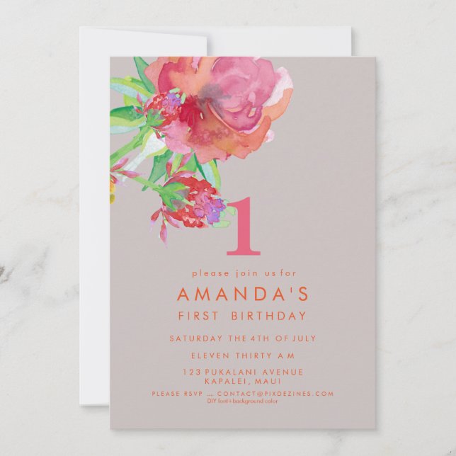 PixDezines Birthday Watercolor Flowers/DIY Color Invitation (Front)
