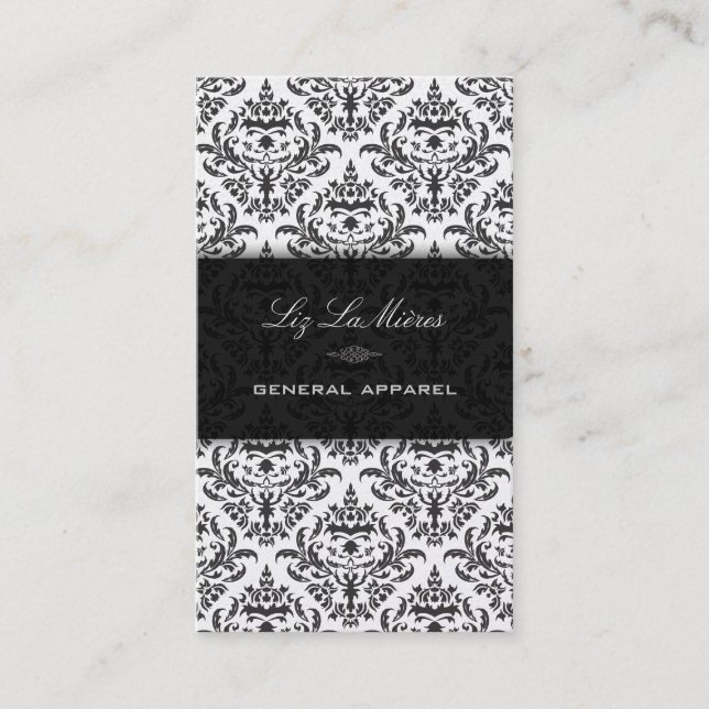 PixDezines Black Céline Vintage Damask Business Card (Front)