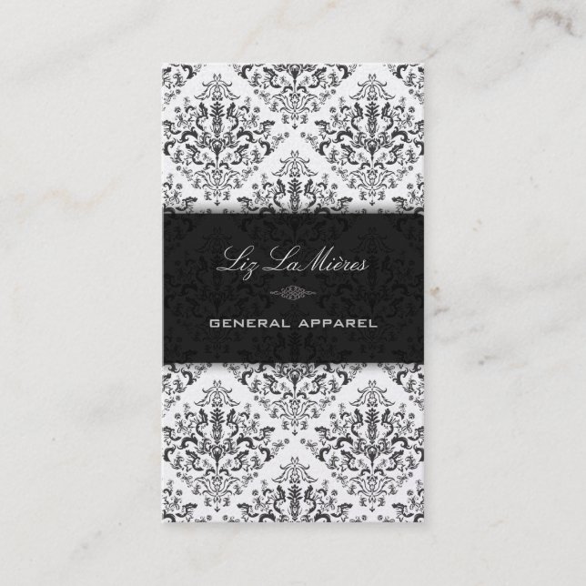 PixDezines Black Étienne Vintage Damask Business Card (Front)