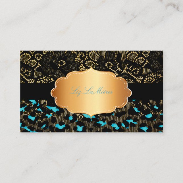 PixDezines BLACK LACE+TEAL CHEETAH / LEOPARD Business Card (Front)