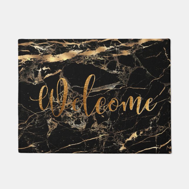 PixDezines BLACK MARBLE FAUX GOLD VEINS, WELCOME Doormat (Front)