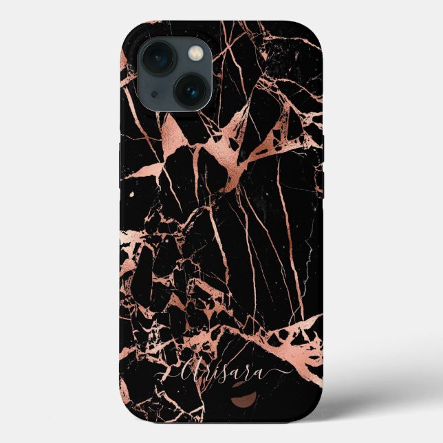 PixDezines Black Marble Faux Rose Gold Veins  Case (Back)