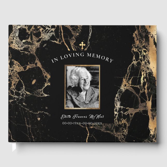 PixDezines Black Marble Funeral w Cross Guest Book (Front)