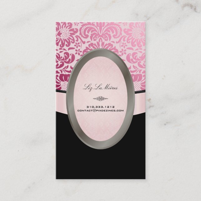 PixDezines Black, Pink Fidora Damask Business Card (Front)