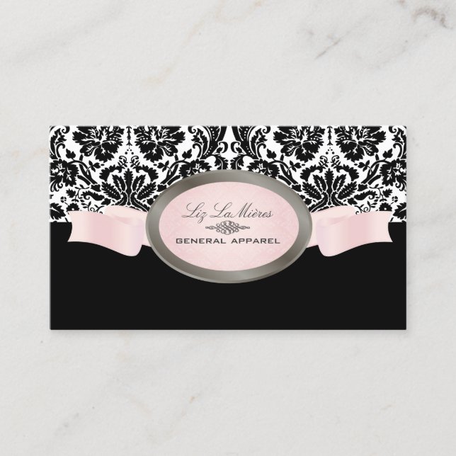 PixDezines Black, Pink, White Desireé Damask Business Card (Front)