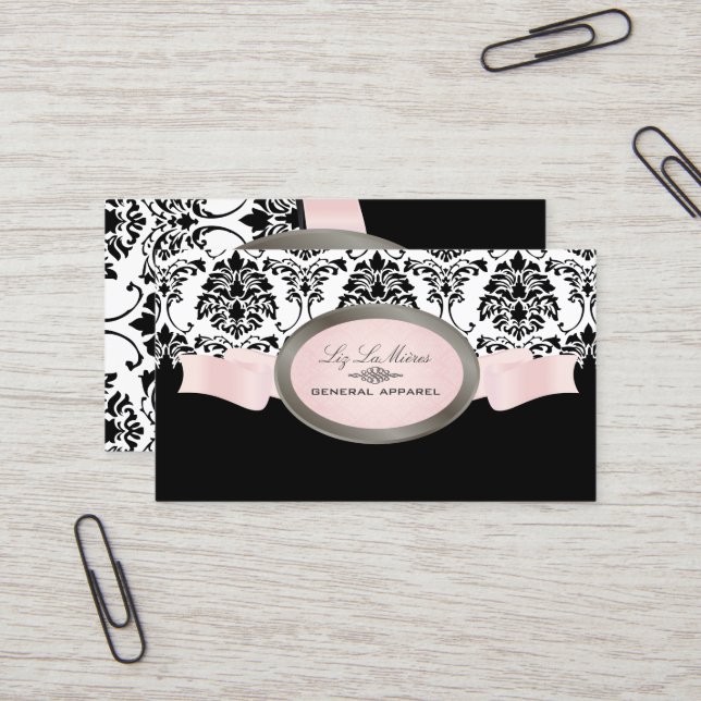 PixDezines Black, Pink, White Florentius Damask Business Card (Front/Back In Situ)