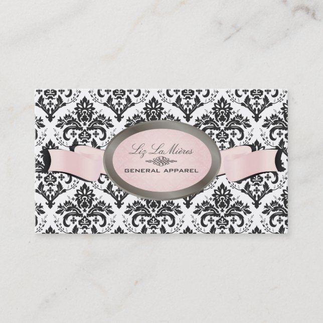 PixDezines Black, Pink, White Jolie Damask Business Card (Front)