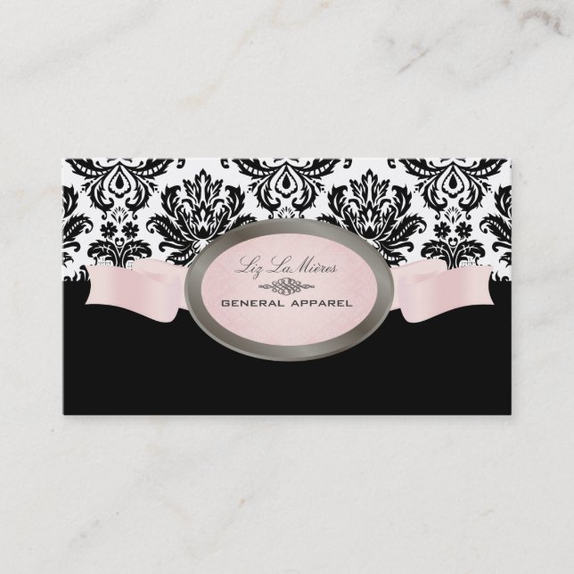 PixDezines Black, Pink, White Piqué Damask Business Card (Front)