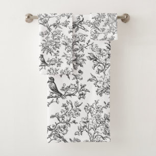 PixDezines Black White Chinoiserie, Birds Peonoies Bath Towel Set