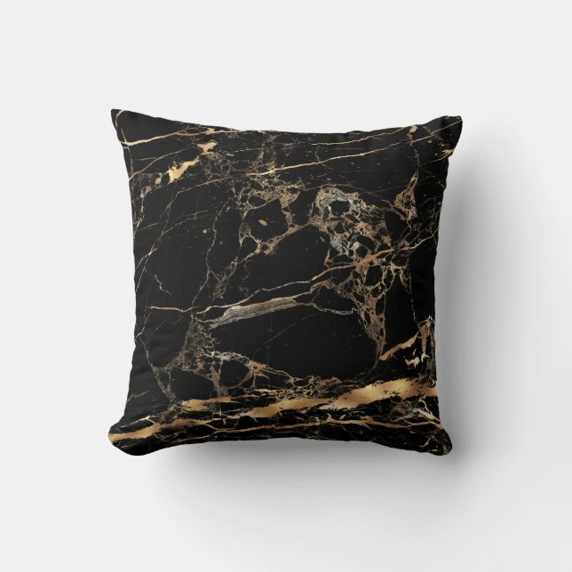 PixDezines Black+White Marble+Faux Gold Veins Throw Pillow (Front)