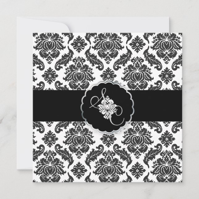 PixDezines Black+White Venezia Damask Invitation (Front)