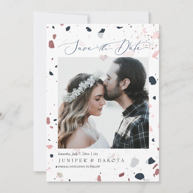 PixDezines Blue Blush Terrazzo, Photo Save Date Invitation (Front)
