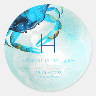 PixDezines Blue Crab Monogram Beach Classic Round Sticker